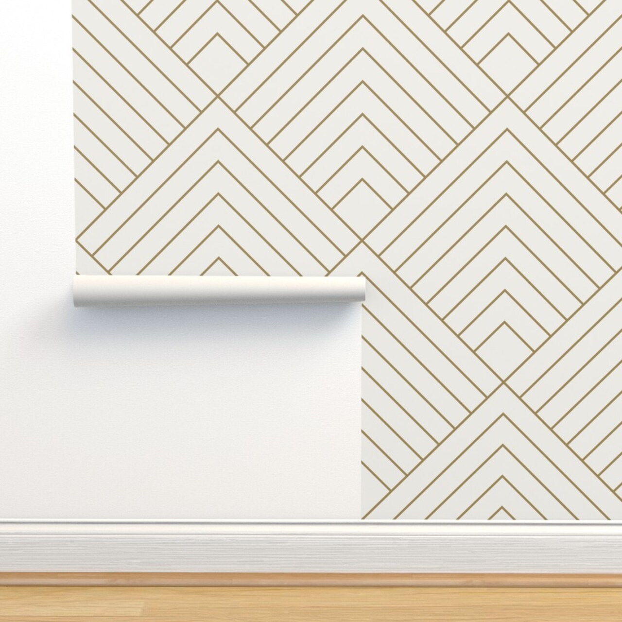 Gold White Geometric Diamond Art Deco Triangle Line Custom Removable Wallpaper by Spoonflower Peel & Stick Wallpaper 2FT Wide